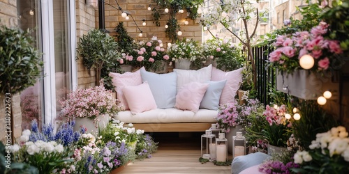 Flower-filled balcony garden with pastel cushions and fairy lights glowing. Urban spring retreat full of bloom, softness and romance.