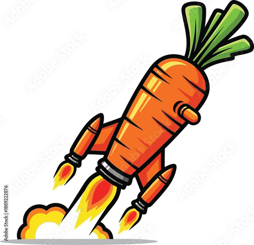 A dynamic cartoon carrot rocket soaring upwards with fiery propulsion, symbolizing growth, innovation, and healthy progress