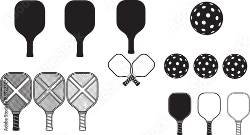 Illustration of pickleball paddles and balls in varied designs, sports equipment concept, athletic gear diversity, recreational game representation, and modern fitness activity