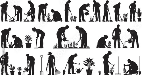 Large Collection of Gardener Silhouettes Featuring Men and Women Planting Watering and Using Garden Tools Isolated on White Background for Landscaping and Agriculture Design Illustrations