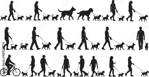 Set of Dog Walker Silhouettes Featuring People Walking Various Dog Breeds on Leash and Riding Bicycles Isolated on White Background for Graphic Design Illustrations