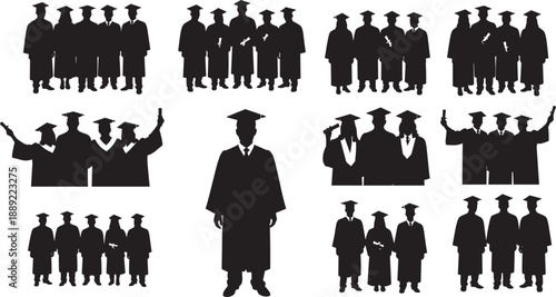 Set of Graduate Silhouettes Featuring Students in Caps and Gowns Celebrating Commencement and Holding Diplomas Isolated on White Background for Educational Achievement Illustrations