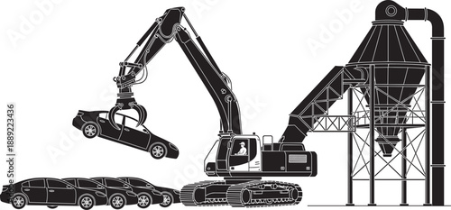 Silhouette illustration of industrial vehicle recycling scene with excavator lifting cars and shredder machine, representing automotive scrap process, machinery, and environmental sustainability 