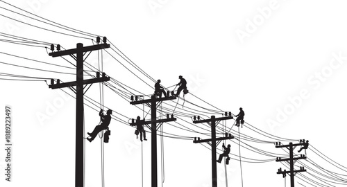 Silhouette of electrical utility workers maintaining power lines on poles with safety harnesses, teamwork, infrastructure repair, energy distribution, industrial occupation, and high-risk job safety 