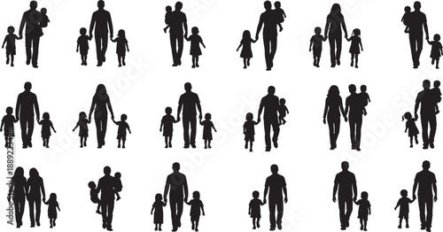 Silhouettes of adults walking with children in various family group combinations, demographic illustration representing parenting, relationships, family structures, and social dynamics concept