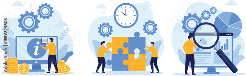 Business Strategy Workflow with Financial Analysis Puzzle Solving and Data Research Professionals Collaborating on Management Solutions for Corporate Success Flat Vector Illustration