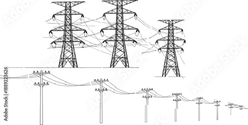 Silhouettes of electrical transmission towers and utility poles with power lines, illustration representing energy infrastructure, electricity distribution, and industrial network concept