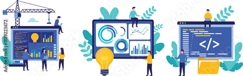 Software Development Team Building Digital Solutions with Data Analytics Programming Code Creative Problem Solving Idea Innovation and Website Construction Flat Vector Illustration