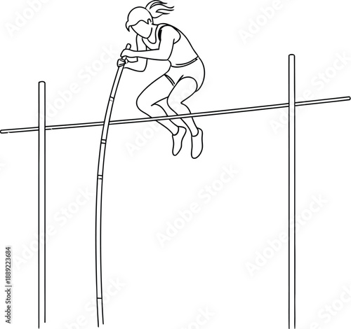 Minimalist line art illustration depicts a female athlete expertly clearing the crossbar during a dramatic moment in a pole vault competition, demonstrating focus and athletic prowess.