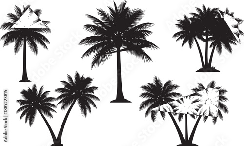 Silhouettes of palm trees with artistic geometric mountain shapes embedded in foliage, abstract illustration representing tropical nature, surreal design, and creative vacation concept