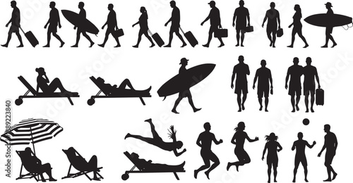 Silhouettes of people enjoying beach and vacation activities including surfing, diving, lounging, walking with luggage, and playing ball, leisure travel and holiday concept