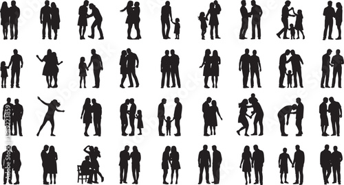 Silhouettes of people in various group interactions including couples, families, and friends, artistic illustration representing human relationships, emotions, and social connection concept