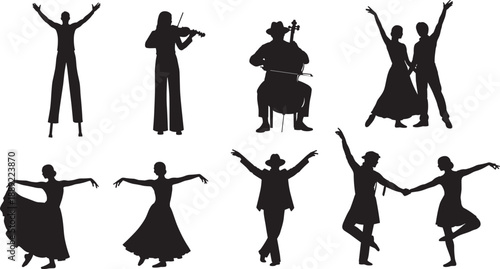 Silhouettes of performers and dancers including musicians, violinist, cellist, stilt walker, and dancing couples, artistic illustration representing performing arts, expressive movement, and creative 