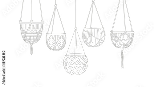 Five different decorative macrame plant hangers featuring various bohemian and tribal inspired geometric patterns suitable for coloring books or design elements