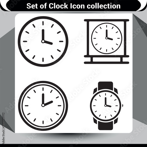 Collection of black silhouette icons depicting analog watches and clocks for various design needs