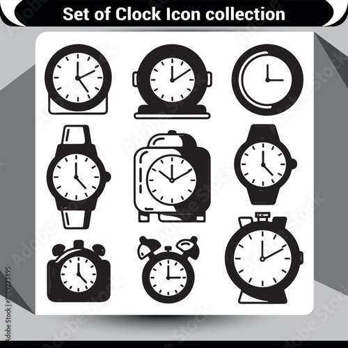 Free Download Set of varied black silhouette clock icons, including alarm clocks and wristwatches, for time concepts - GFXLoad