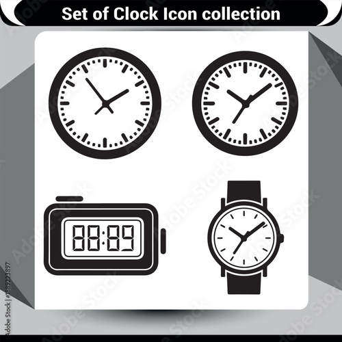 Set of black silhouette icons showing analog clocks and a digital watch for timekeeping concepts