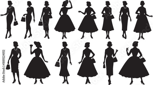 Silhouettes of twelve women in vintage fashion outfits with dresses, hats, and handbags, artistic illustration representing mid‑20th century style and elegance