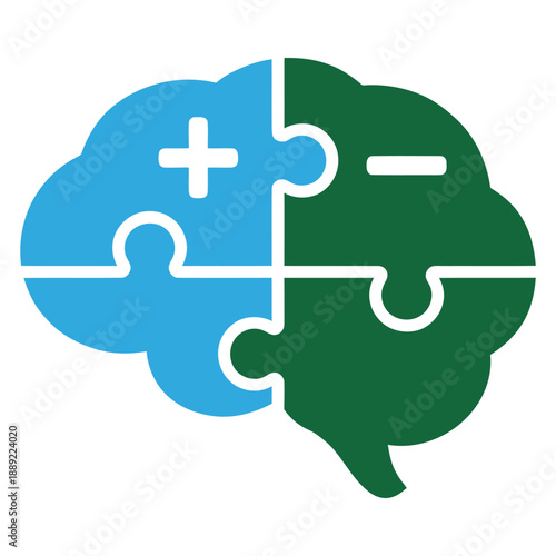 Brain puzzle pieces with plus and minus signs