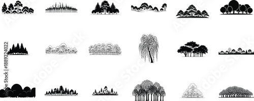 Collection of various black silhouette icons isolated on transparent background