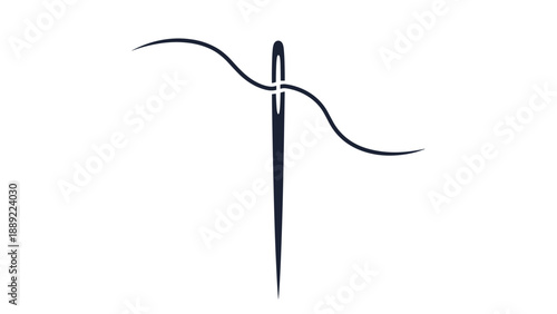 Simple black line art illustration depicts a sewing needle with a long piece of thread passing gracefully through the needle's eye.