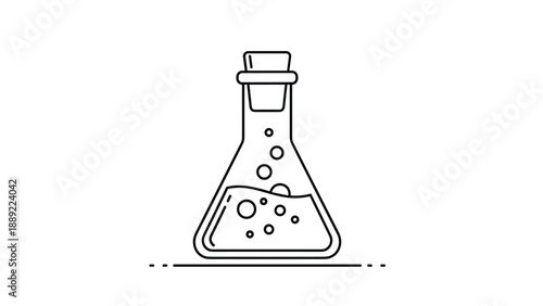 Scientific Erlenmeyer flask containing a bubbling chemical solution is depicted in a clean black and white line art style for education.