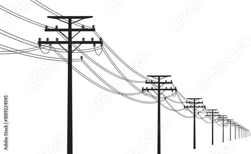 Silhouettes of utility poles with power lines extending into distance, perspective illustration representing electrical infrastructure, telecommunications network, and industrial design concept