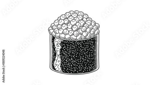 Detailed hand-drawn illustration of gunkan sushi topped with a generous portion of salmon roe is isolated on a plain white background.