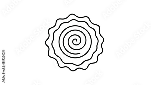 Japanese narutomaki fish cake slice with its characteristic pink spiral design is shown in a simple black and white line art illustration.