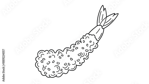 Crispy Japanese tempura fried shrimp is depicted in a simple black outline drawing, showcasing the bumpy texture of the golden batter.
