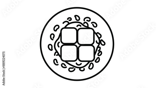 Top view of a circular plate featuring four square blocks of tofu or mochi drizzled with sauce is shown in a clean line art style drawing.