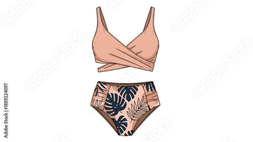 Two-piece swimsuit set featuring a peach wrap-style bikini top and high-waisted floral print bottoms is illustrated for summer fashion.