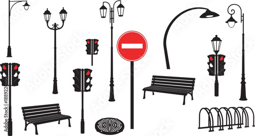 Urban street elements illustration with traffic lights, benches, bike rack, manhole cover, street lamps, and no entry sign, city infrastructure design and public space concept