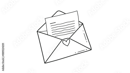 Opened paper envelope containing a handwritten letter and sealed with a heart symbol is shown in a simple black and white line art style.