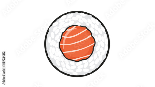 Single piece of salmon sushi maki roll showing the central fish filling surrounded by rice and seaweed is illustrated in bright colors.