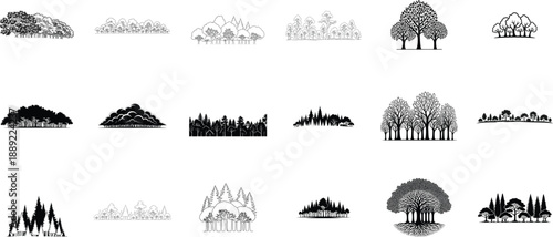 Black and white illustration set of various trees and buildings isolated on transparent background