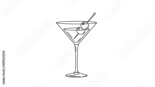 Classic martini cocktail glass filled with liquid and garnished with two olives on a pick is shown in a clean line art illustration style.