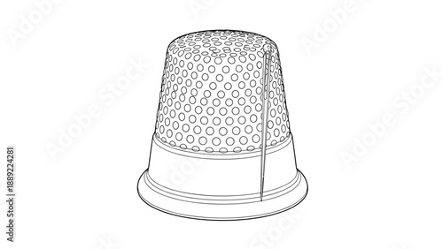Traditional metal sewing thimble with a pitted surface for grip is shown in a detailed black and white technical line art drawing.