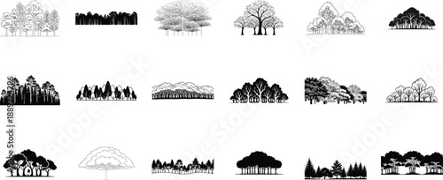 Black and white illustrations of various trees and landscapes isolated on transparent background