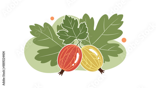 Colorful illustration featuring a pair of red and yellow gooseberries with green leaves on a soft pastel background circle element.