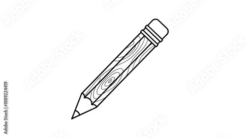 Pencil with a natural wood grain pattern and an eraser tip presented in a minimalist black and white line art vector illustration.