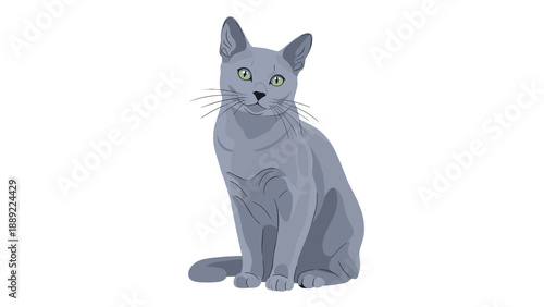 Sitting russian blue cat with gray fur and green eyes depicted in a soft painterly vector illustration style on white background.