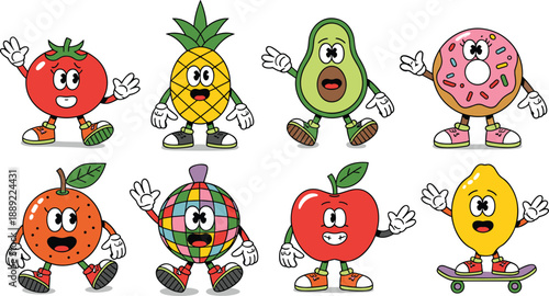 Cartoon food characters, playful design, animated fruits, colorful shoes, smiling faces, kids illustration, tomato, pineapple, avocado, donut, orange, apple, lemon, disco ball, fun, cute