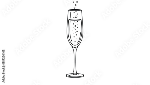 Tall glass of bubbly champagne or sparkling wine with rising carbonation bubbles shown in a minimalist black and white line art.