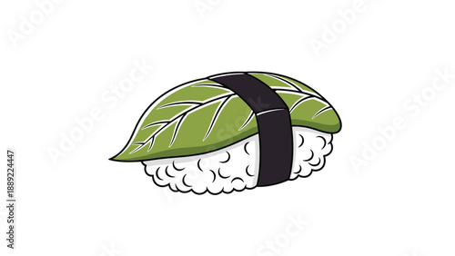 Japanese sushi nigiri roll wrapped in a green shiso leaf and secured with a black nori band shown in a colorful vector illustration.