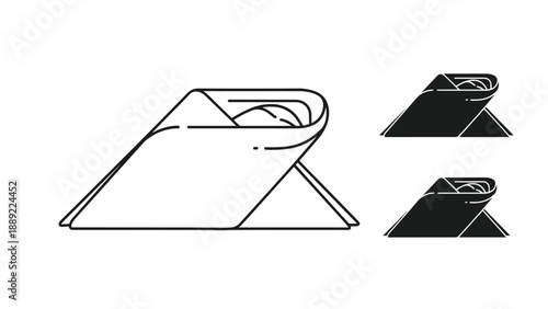 Set of black and white line art icons depicting a folded textile napkin or handkerchief in three different graphic styles and weights.