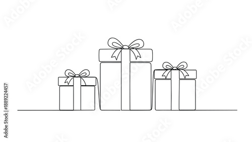 Row of three wrapped gift boxes of varying sizes decorated with ribbons and bows shown in a continuous line art drawing style.