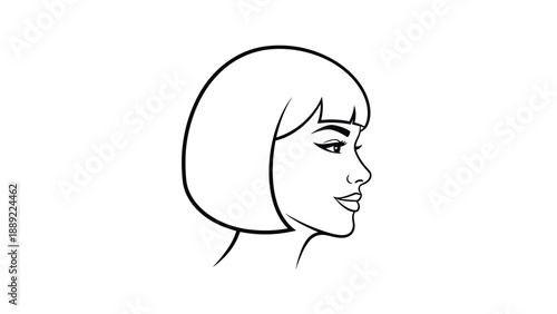 Female profile with a stylish short bob haircut and elegant facial features presented in a clean black and white line art drawing.