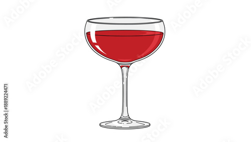 Wide bowl champagne glass filled with red wine or a vibrant cocktail shown in a colorful vector illustration on white background.