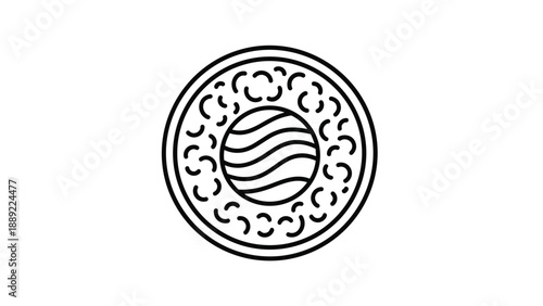 Top view of a single sushi maki roll with rice and a central filling shown in a clean minimalist black and white line art drawing.